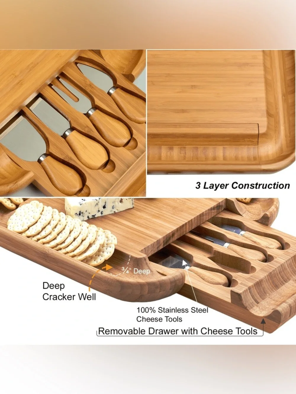 NWT Malvern Bamboo Cheese Board w/ Slide-Out Knife Drawer Natural Wood